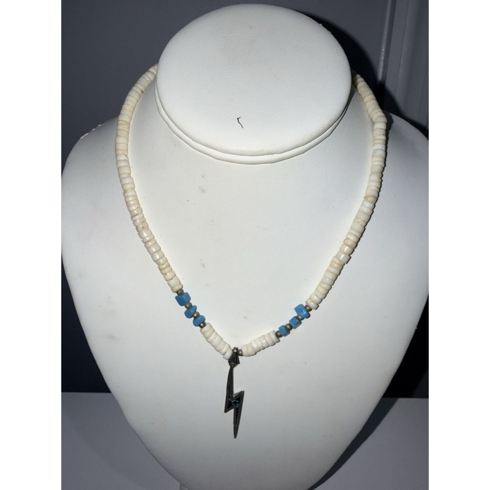 VTG Native American Turquoise Heishi Necklace Unmarked‎ Silver Thunderbolt 17"